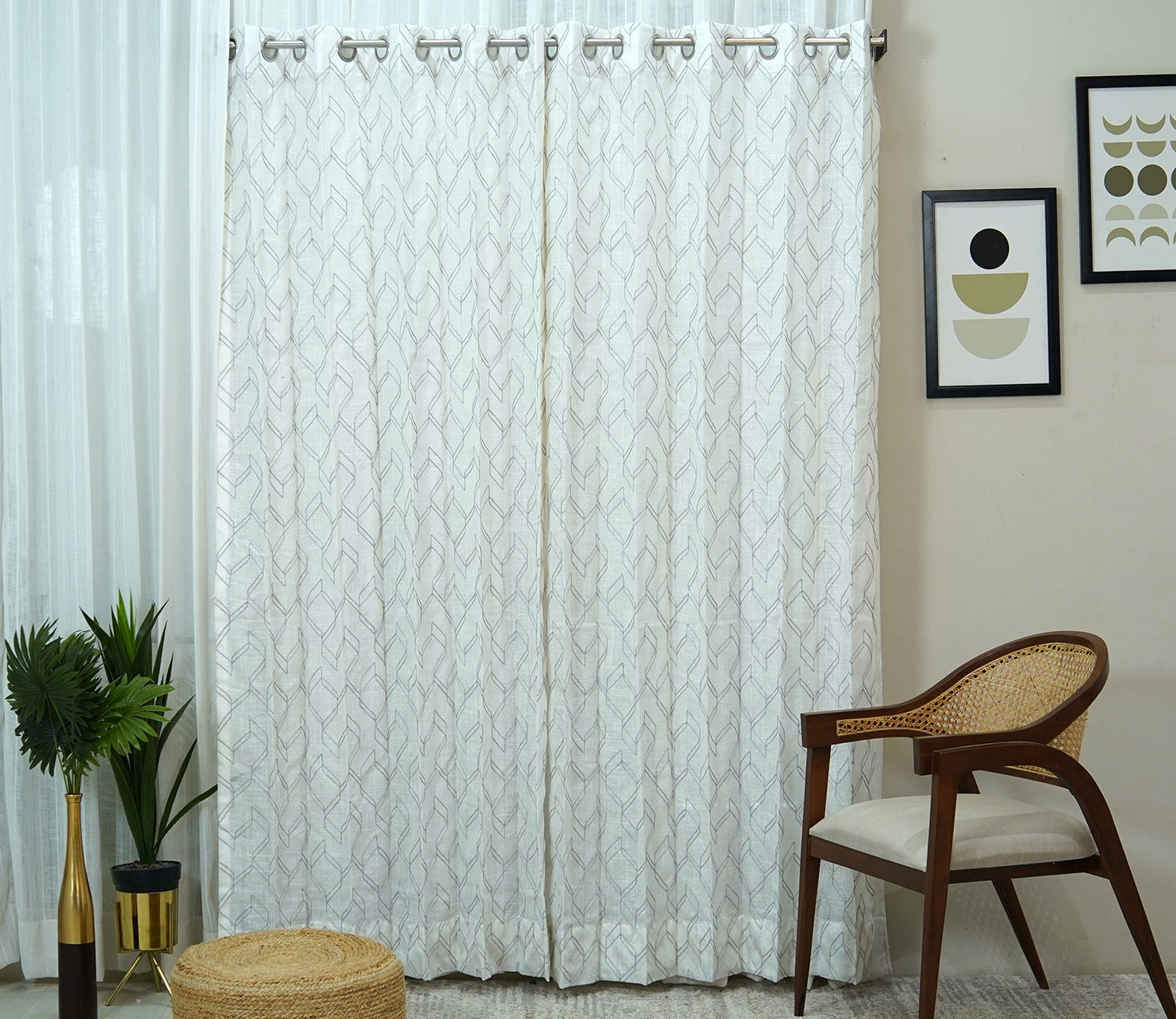 Threaded Patterned 1 Piece Sheer Curtain (Grey, 7 Feet)
