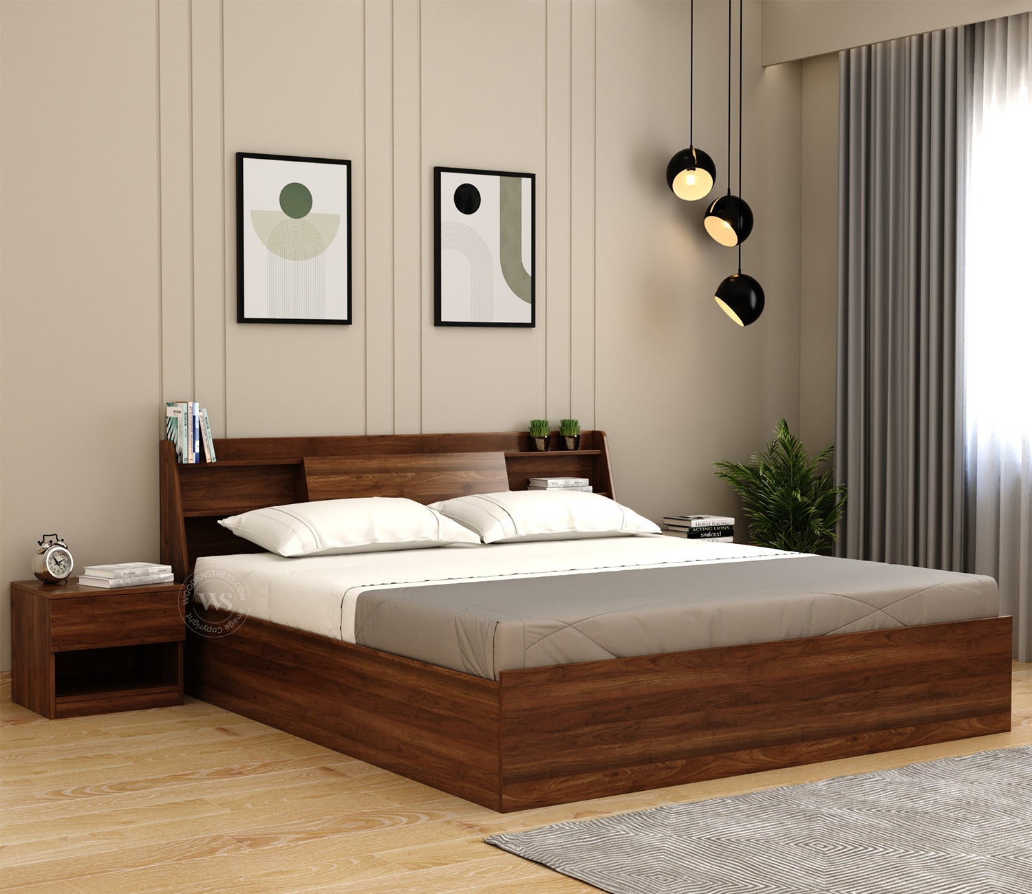 Celestia Engineered Wood Bed With Hydraulic Storage (King Size, Columbian Walnut Finish)