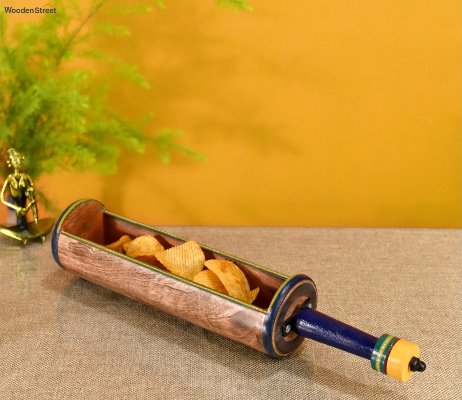 Midnight Blue Colour Wooden Snack Server In Exotic Tabular Shape With Stylish Metal Handle
