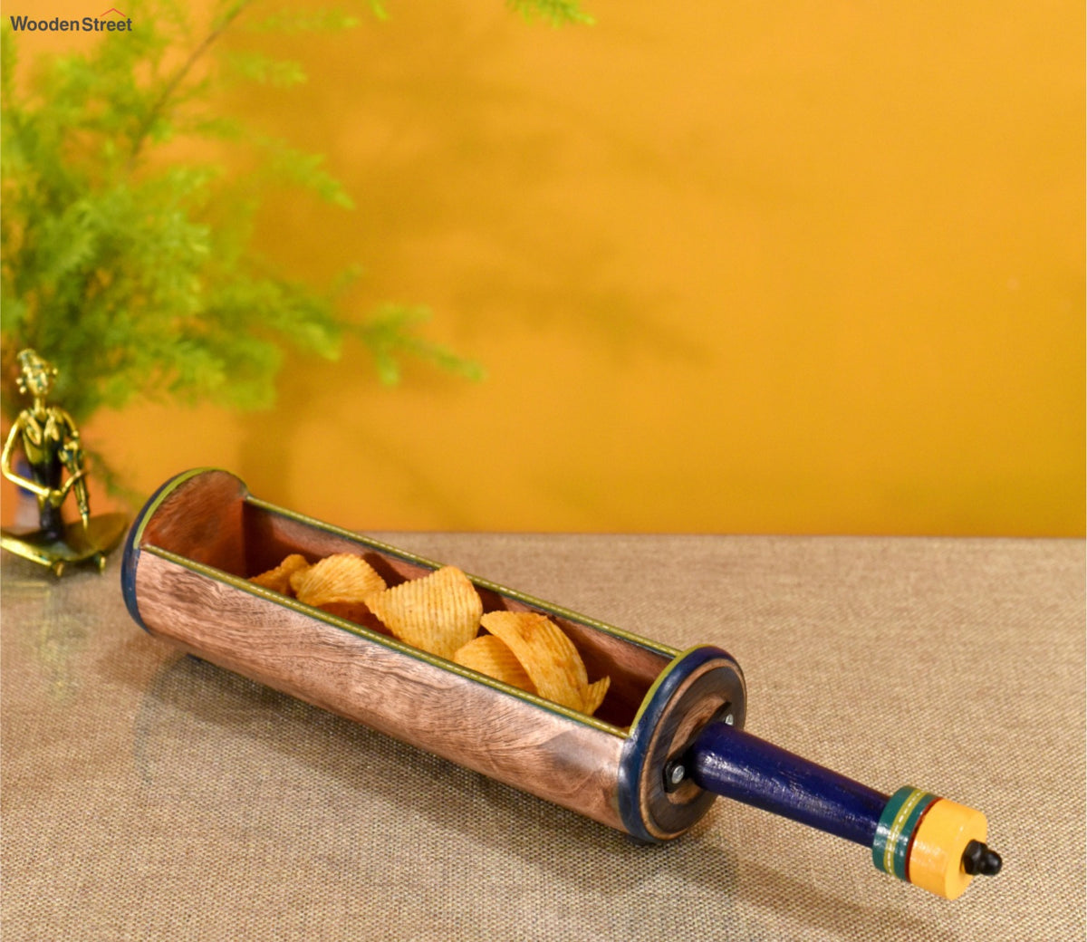 Midnight Blue Colour Wooden Snack Server In Exotic Tabular Shape With Stylish Metal Handle