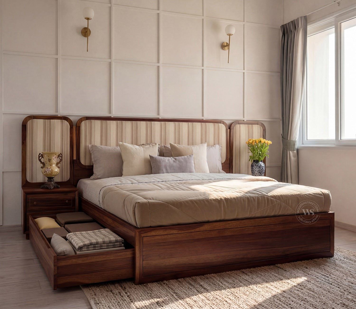Iransh Premium Sheesham Wood Bed with Striped Headboard Drawer Storage and 2 Bedside Tables (Queen Size, Cream Stripe)