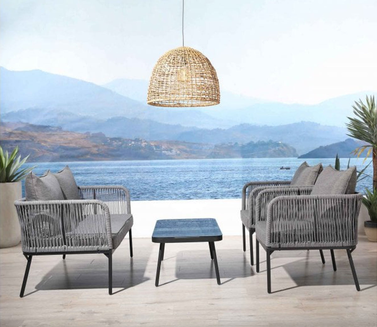 Grey Color Rope 4 Seater Sofa Set With Table And Grey Color Cushions