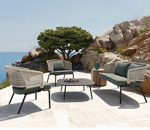 White Rope 4 Seater Sofa Set With Table And Dark Green Cushions