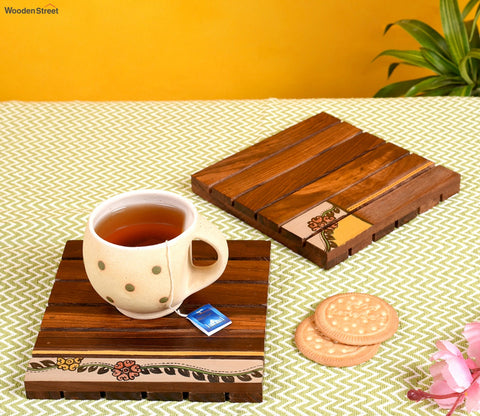 Flower Motif Wooden Handcrafted Coaster - Set of 2