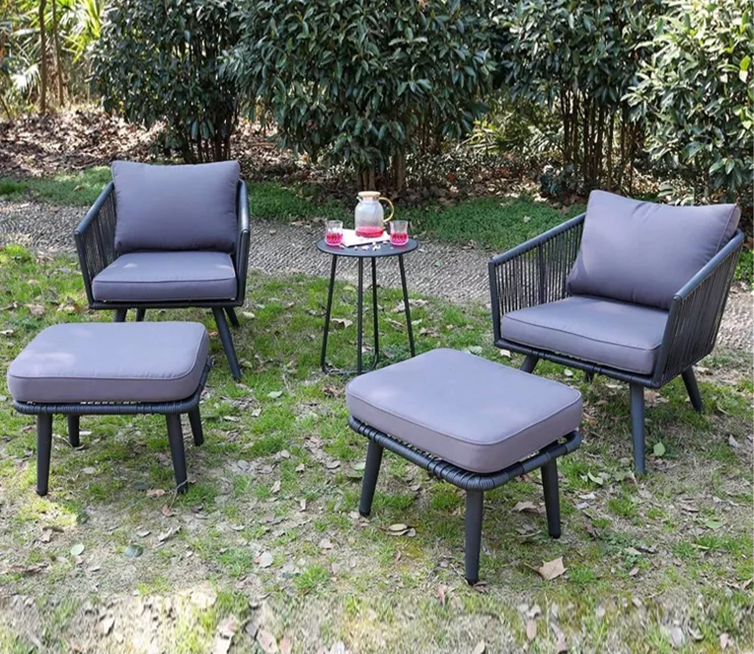 Black Rope 4 Seater Sofa Set With Round Table And Grey Cushions