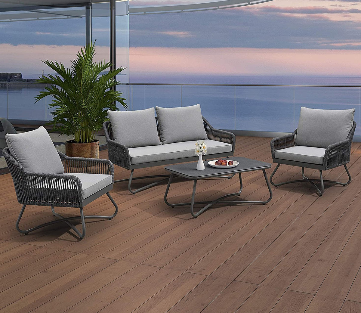 Grey Rope 4 Seater Set With Table And Grey Cushions