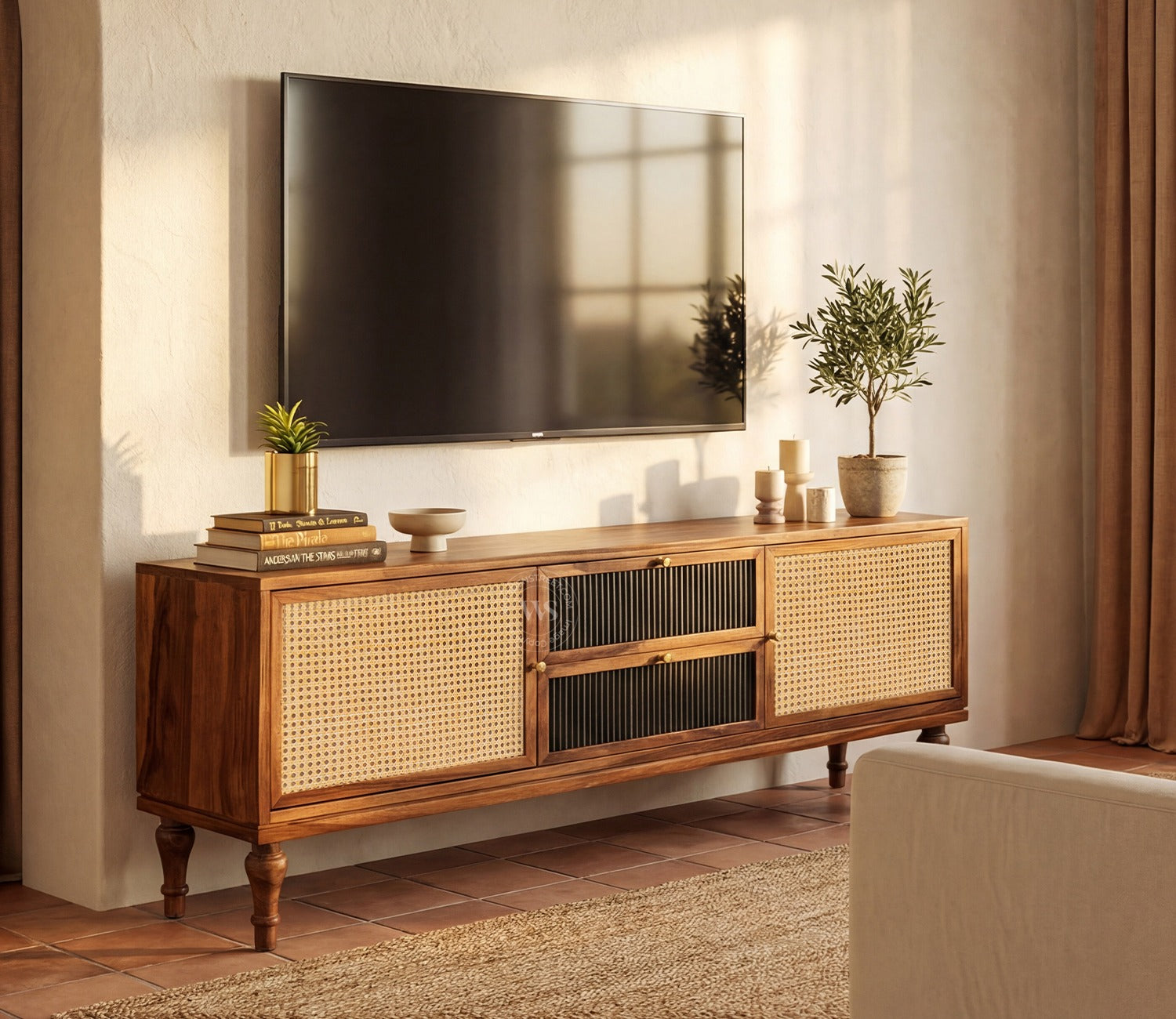 Murphy Premium Solid Wood TV Unit With Drawers, Cane & Brass Accents (Sheesham Wood, Teak Finish)
