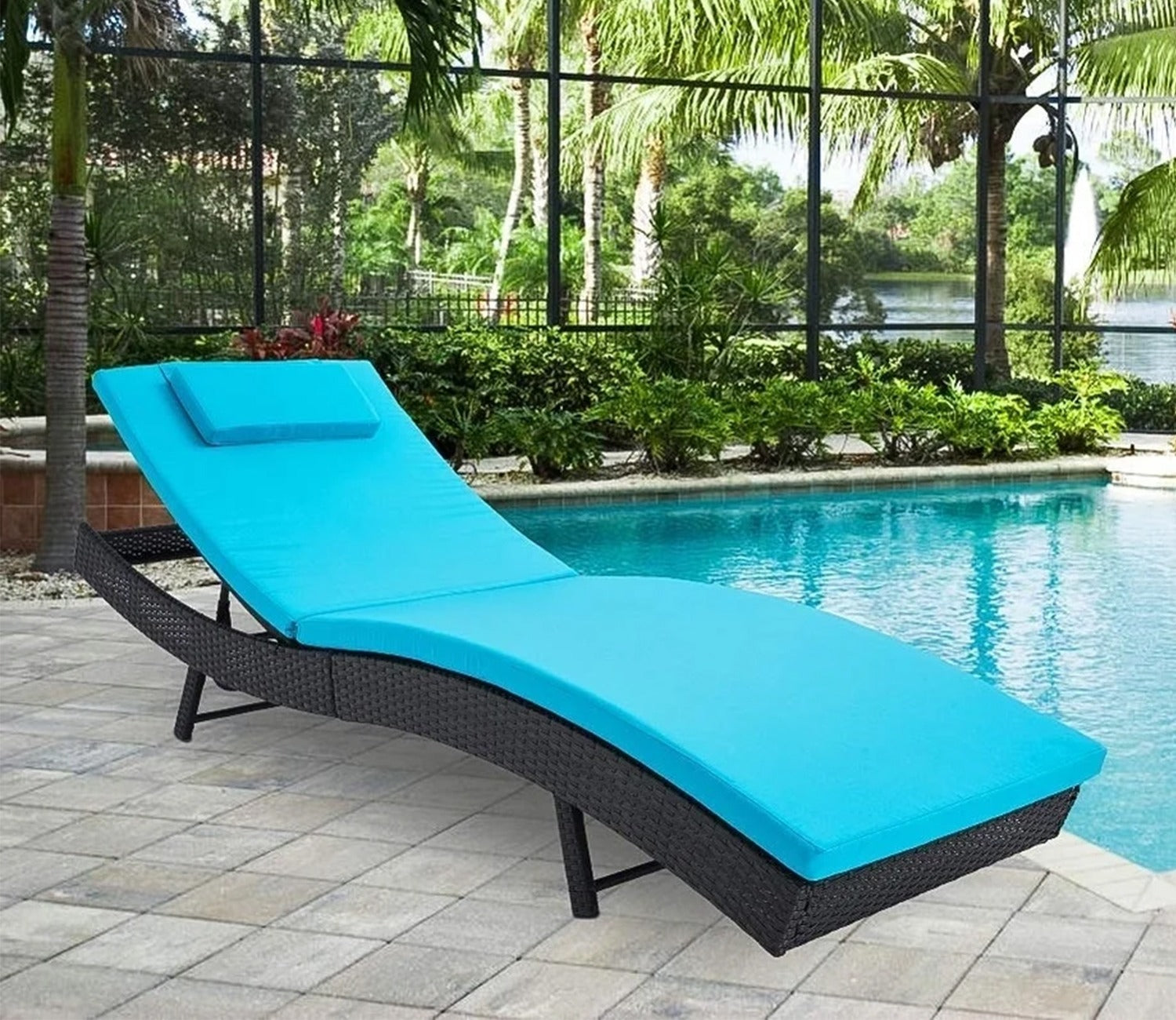 Black Adjustable Outdoor Lounger With Sky Blue Cushions