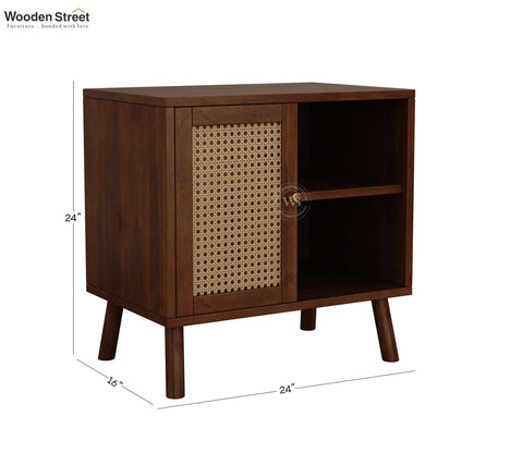 Carmello Mango Wood Bedside Table with Cane Detailing & Open Shelves (Teak Finish)