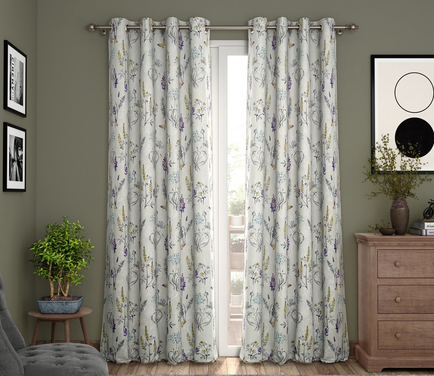 Grey Botanic Mist Floral Print Light-Filtering Door Curtains Set of 2 (Grey, 7 Feet)