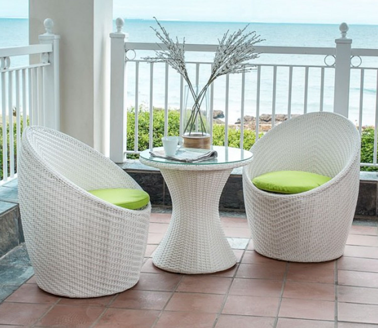 White Rattan And Wicker 2 Seater Set With Table And Green Cushions