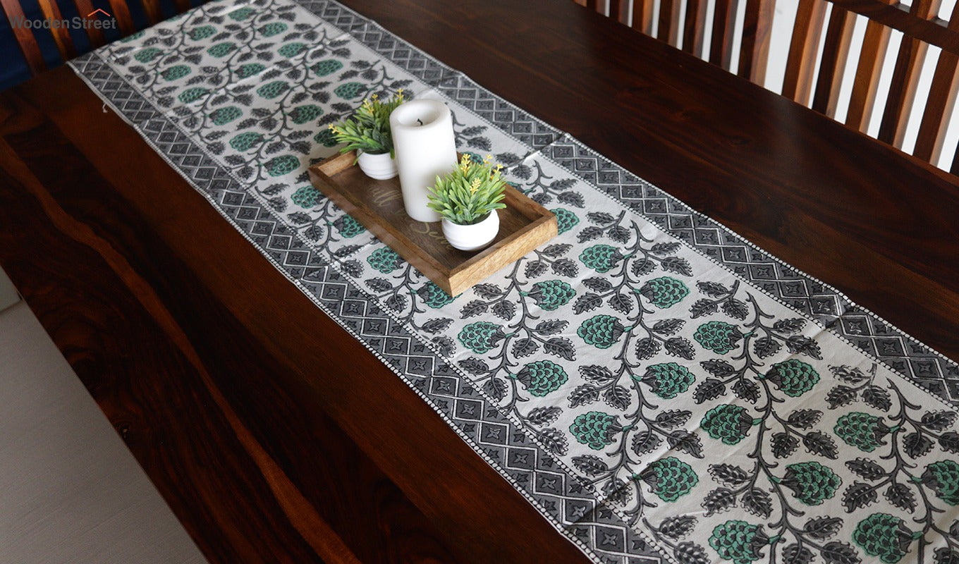 Vivid Garden Green and Black Hand Block Print Table Runner - 16 x 50