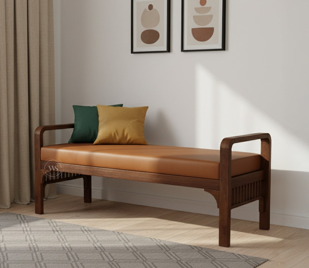 Elle Mango Wood Upholstered Bench with Ginger Bread Leatherette (Teak Finish)