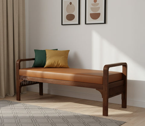 Elle Mango Wood Upholstered Bench with Ginger Bread Leatherette (Teak Finish)