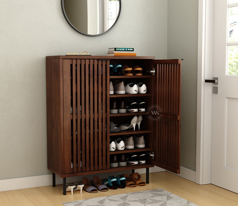 Oxfora Premium Solid Wood Shoe Cabinet With Slatted Doors (Mango Wood, Teak Finish)