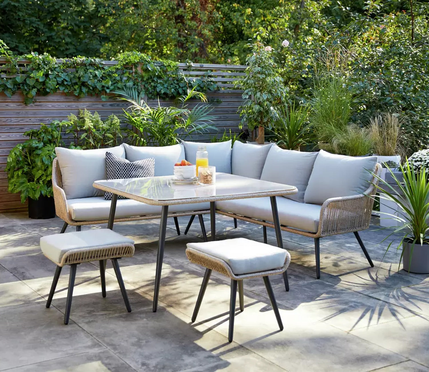 Beige Rope L Shape Sofa Set With Table And Light Grey Cushions