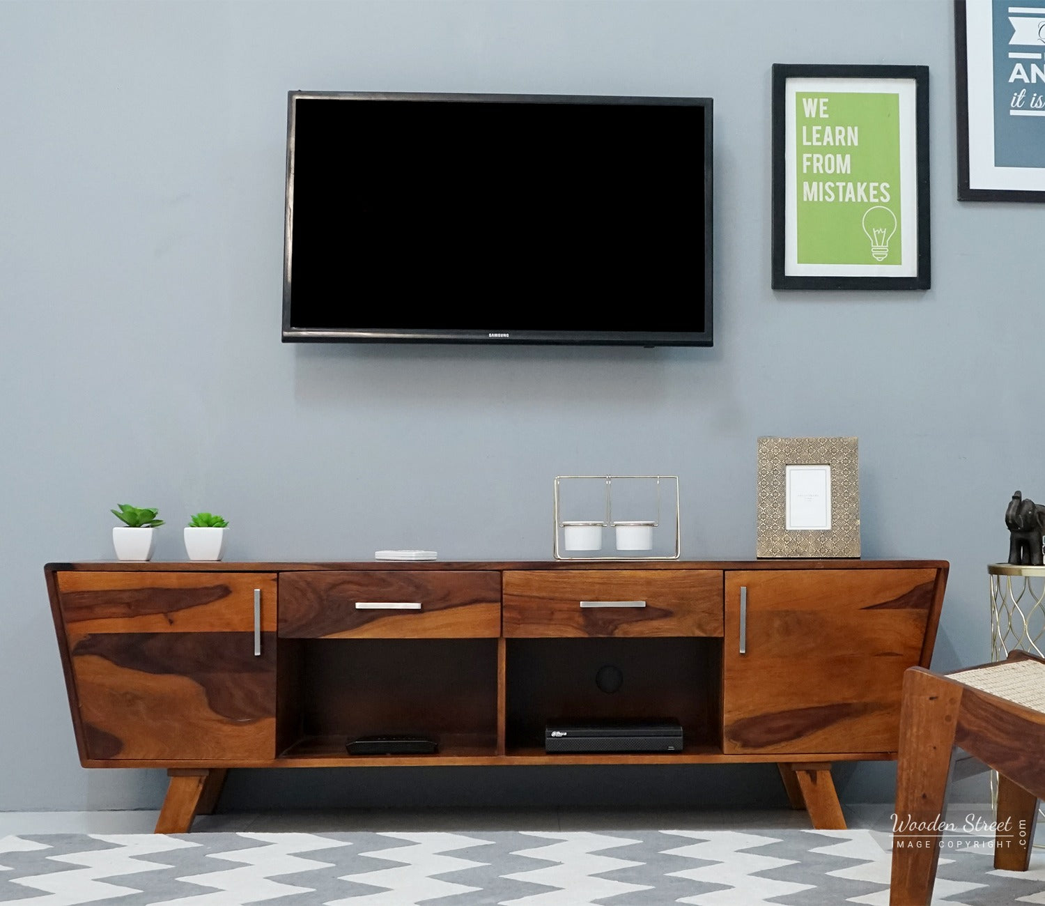 Melvina Sheesham Wood Tv Unit with Cupboards Drawers and Shelve Storage (Honey Finish)