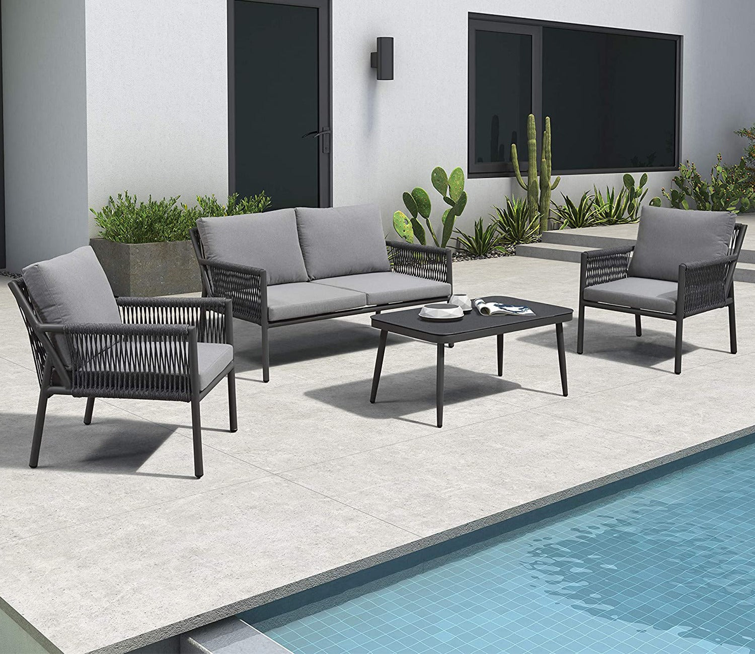 Grey Rope 4 Seater Sofa Set With Table And Grey Cushions