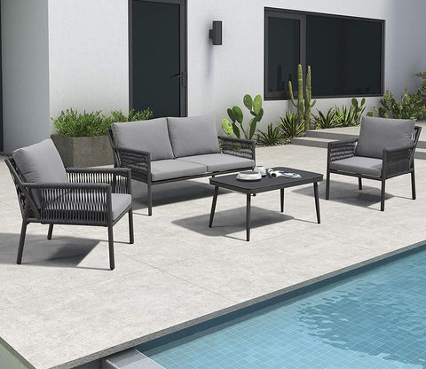 Grey Rope 4 Seater Sofa Set With Table And Grey Cushions