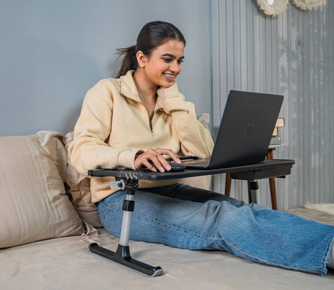 Daffy Foldable Premium Leatherette Laptop Table with Drawer | Adjustable Stand for Bed | Reading Desk for Sofa Couch (Black)