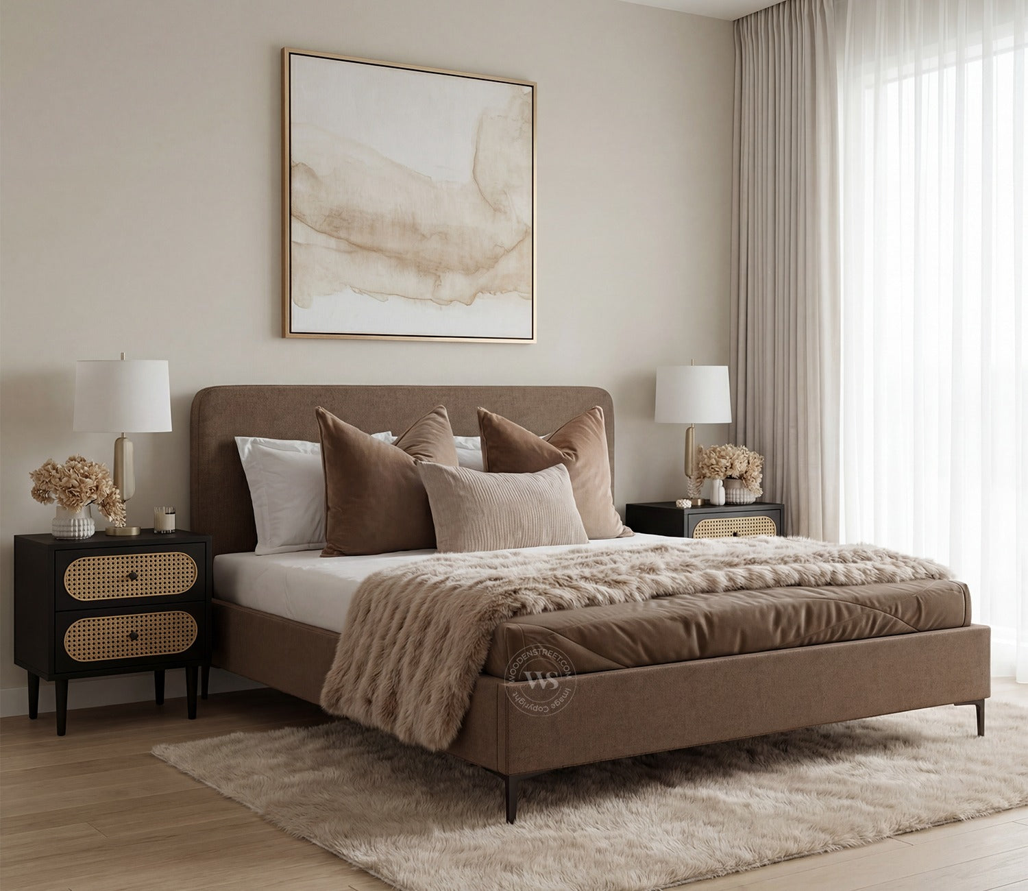Andreas Premium Fabric Bed with Curved Headboard & Without Storage (Queen Size, Sand Brown)
