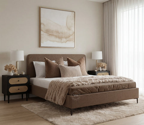 Andreas Premium Fabric Bed with Curved Headboard & Without Storage (Queen Size, Sand Brown)
