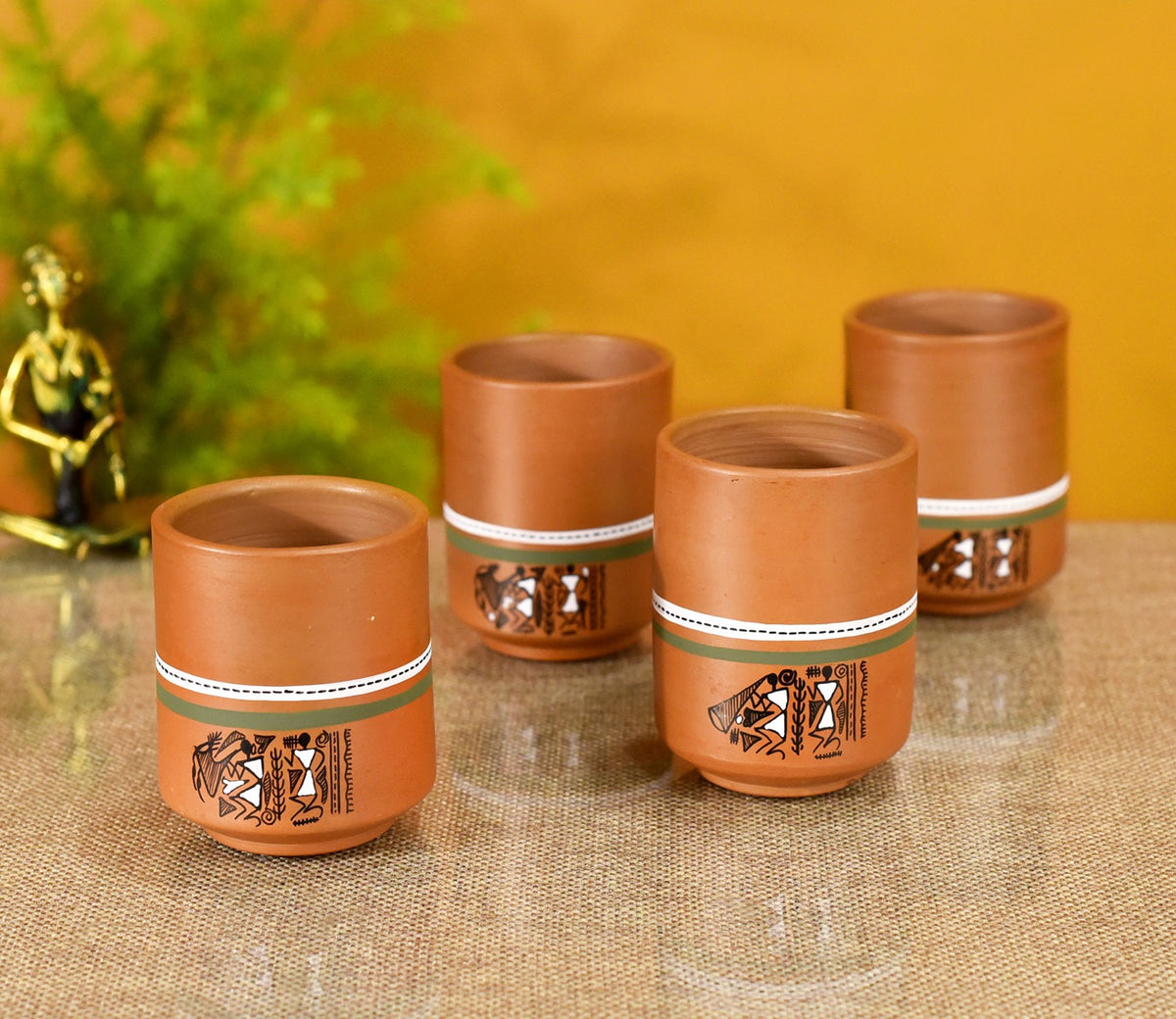 Knosh-C Hand Painted Earthen Mugs with Tribal Motifs (Set of 4)