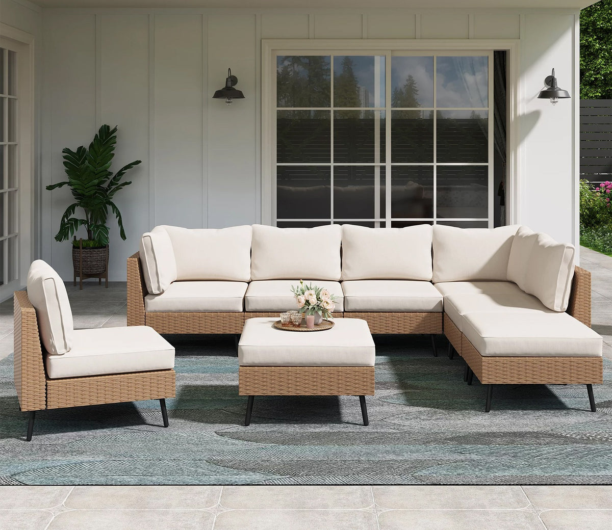 Beige Rattan And Wicker 8 Seater Patio Set With Off White Cushions