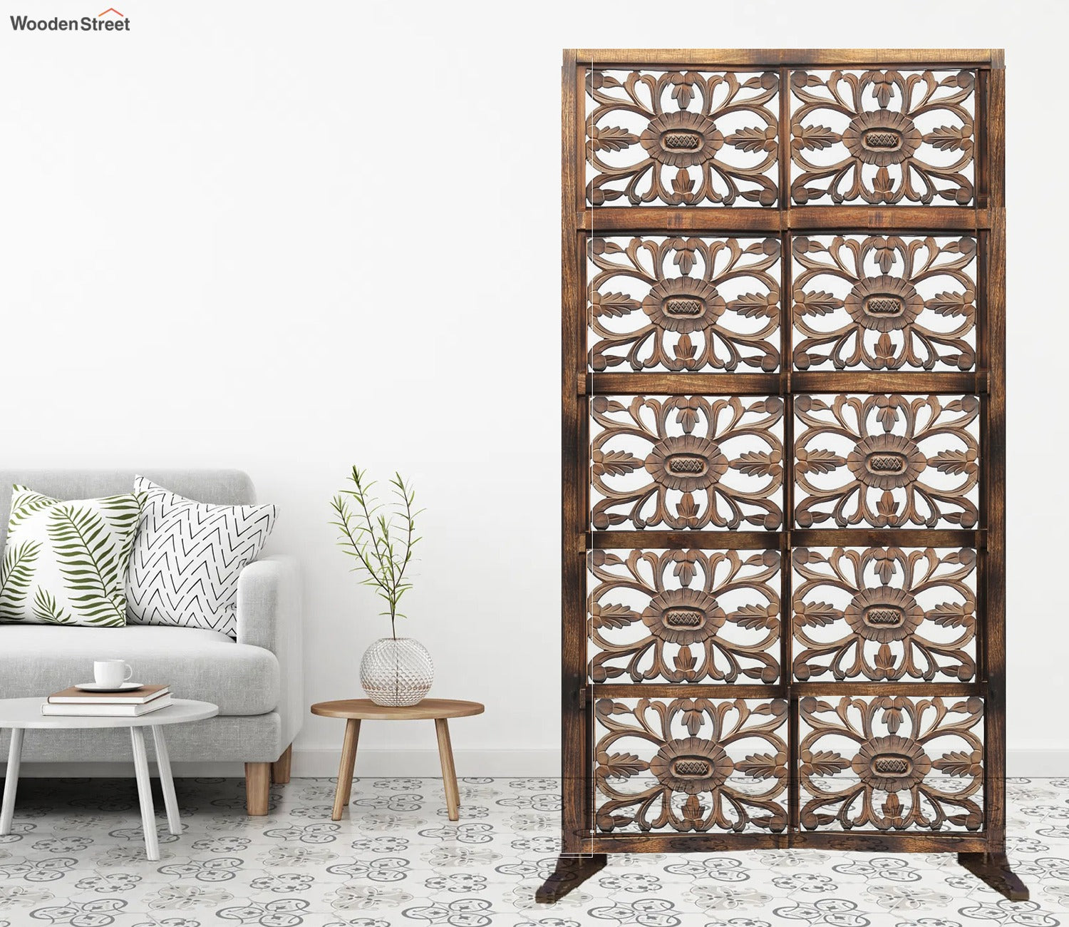Mason Floral Hand Carved Wooden Room Divider Single Panel With Stand