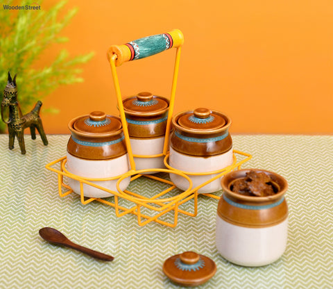 Chatore Barni Set in Yellow Handpainted Metal Stand - Set of 4