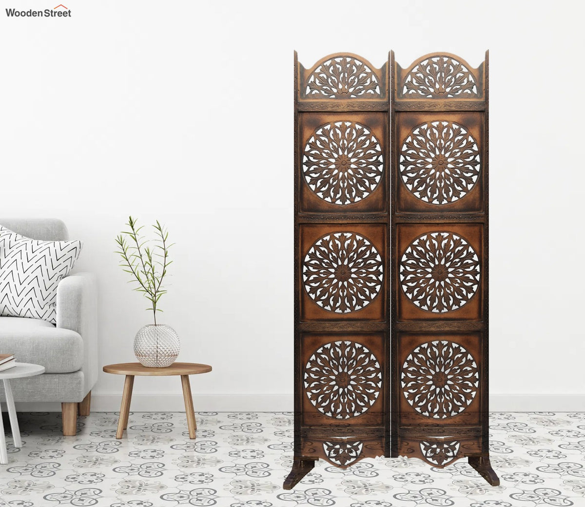 Adrian Floral Hand Carved Wooden Room Divider Single Panel With Stand