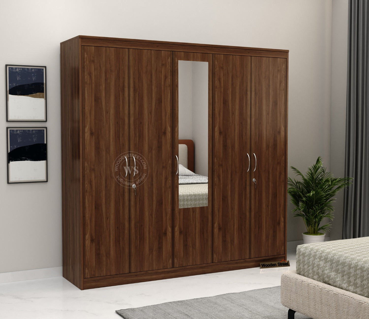 Mahin Five Door Multi Utility Wardrobe with Mirror (Columbian Walnut Finish)
