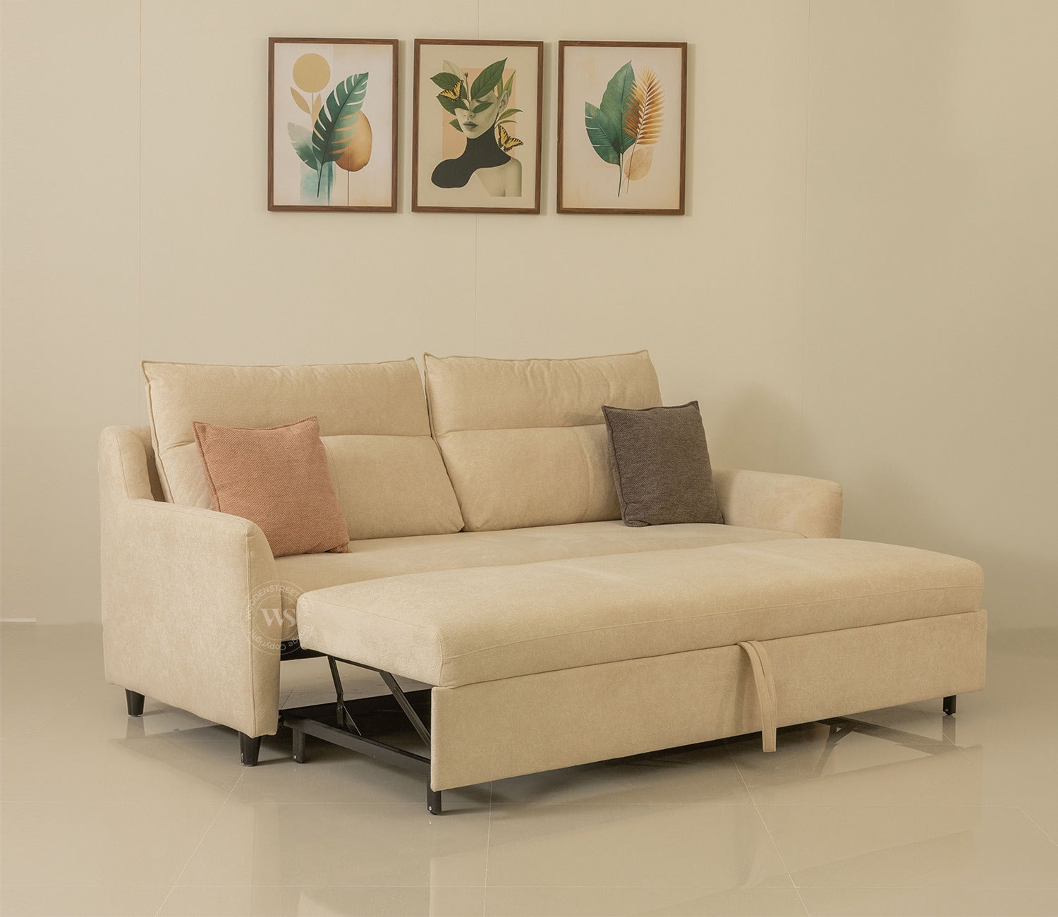 Tevo 3-Seater Sofa Cum Bed | Pull-Out Bed Mechanism | Fabric Upholstery (Off White)