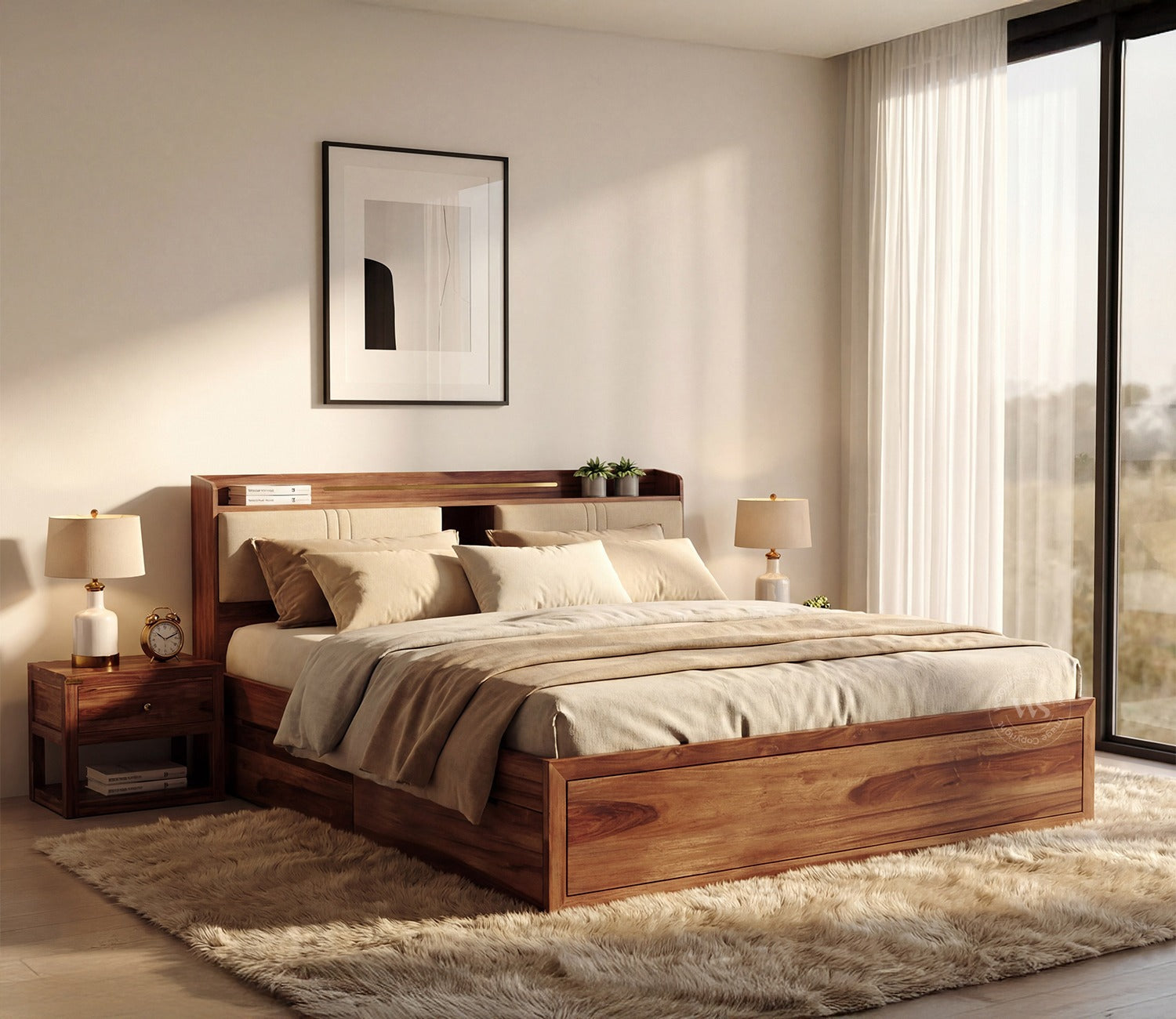 Wildon Premium Sheesham Wood Bed with Cushioned Headboard and Drawer Storage (Queen Size, Teak Finish)