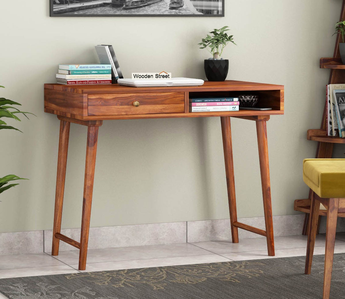 Lynton Study Table with Drawer and Open Storage (Honey Finish)