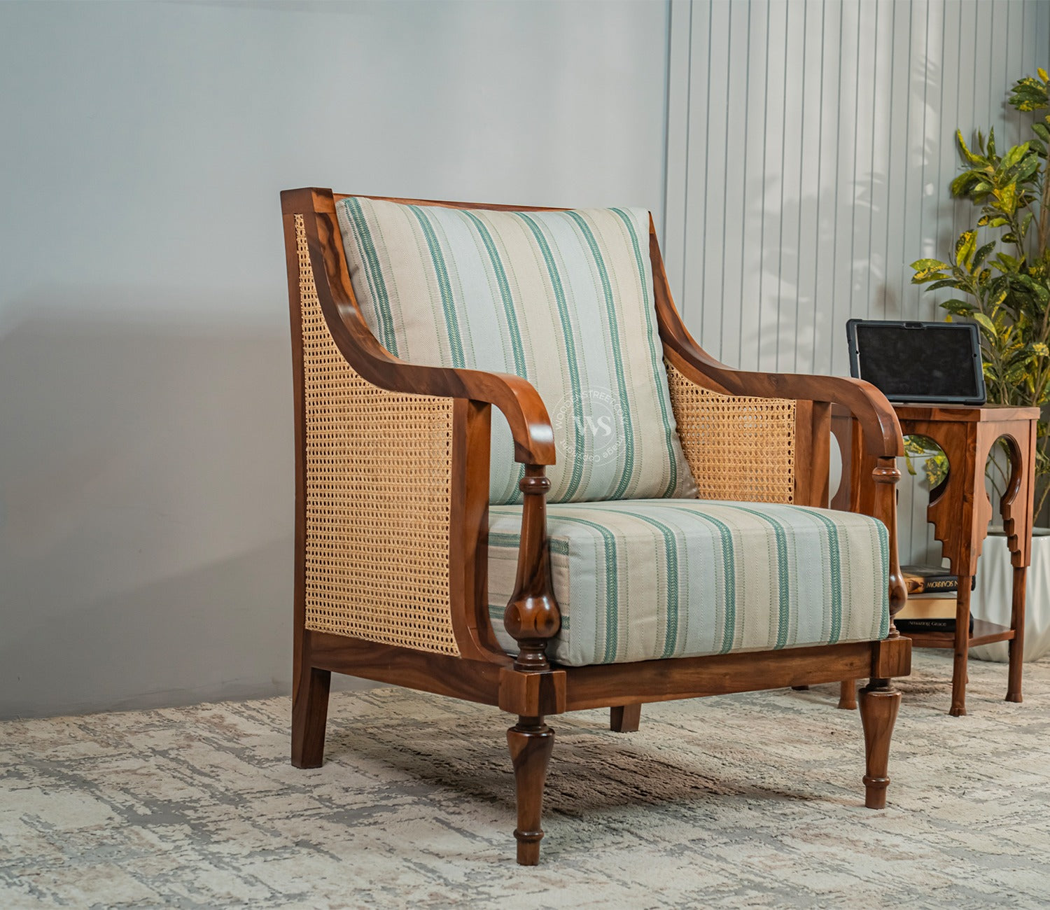 Eterna Sheesham Wood Lounge Chair With Premium Upholstery & Cane Detailing (Teak Finish)