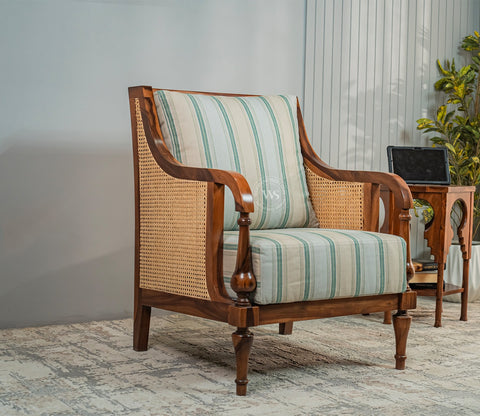 Eterna Sheesham Wood Lounge Chair With Premium Upholstery & Cane Detailing (Teak Finish)