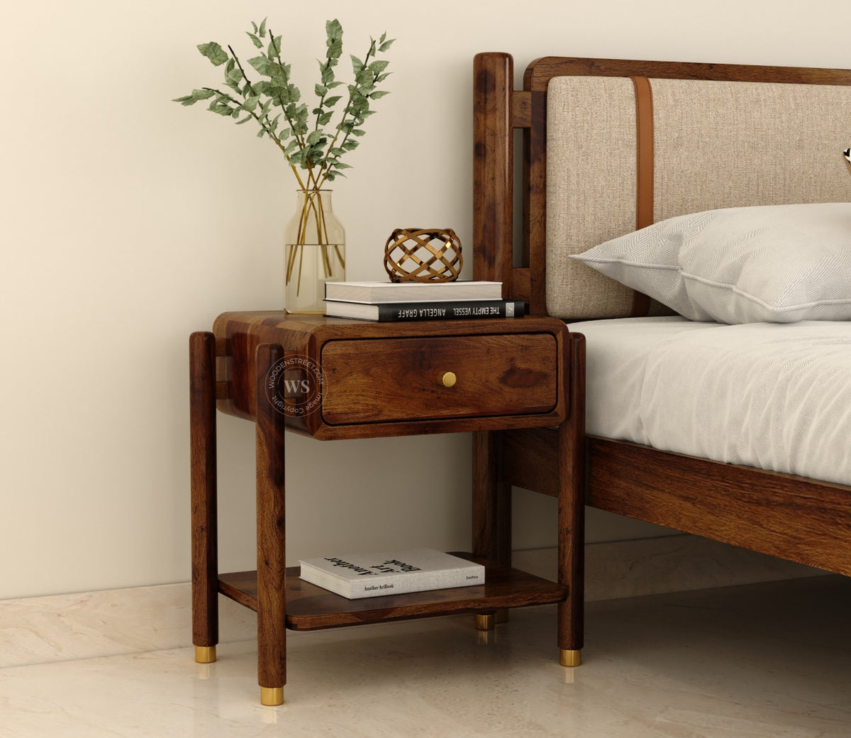 Sarthi Premium Sheesham Wood Bedside Table (Teak Finish)