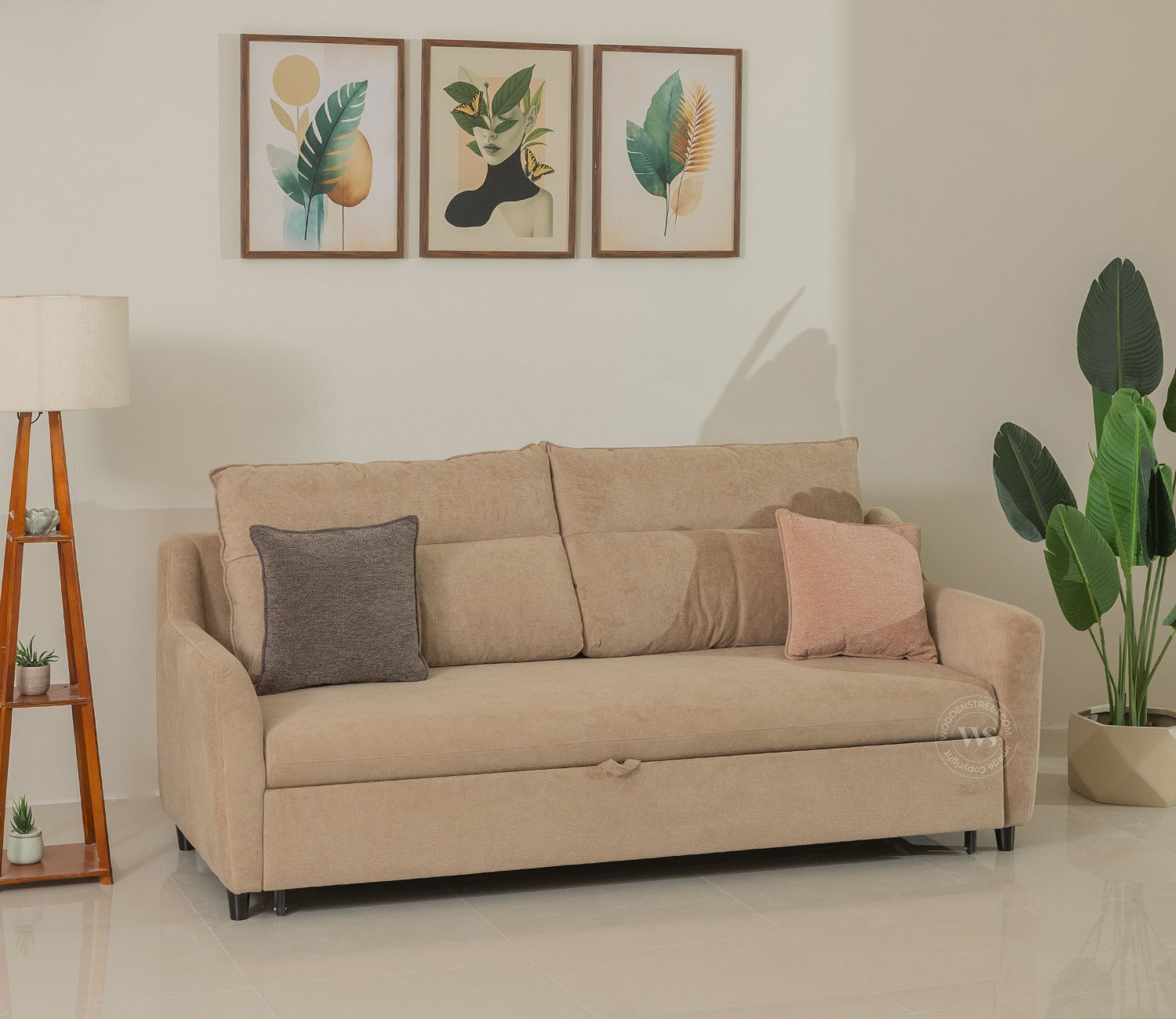 Tevo 3-Seater Sofa Cum Bed | Pull-Out Bed Mechanism | Fabric Upholstery (Beige)