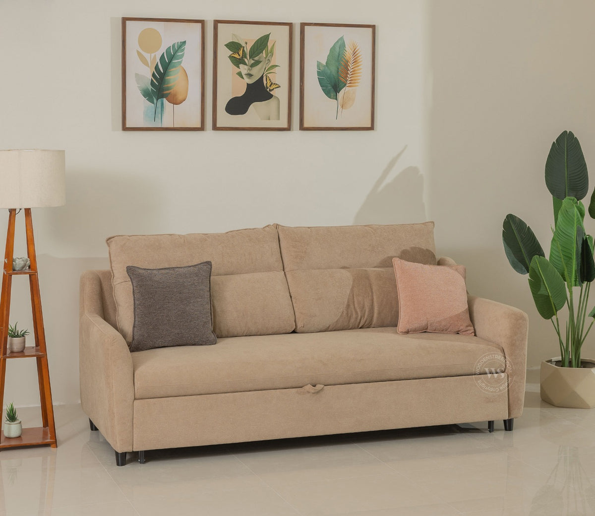 Tevo 3-Seater Sofa Cum Bed | Pull-Out Bed Mechanism | Fabric Upholstery (Beige)