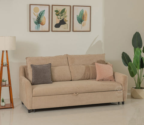 Tevo 3-Seater Sofa Cum Bed | Pull-Out Bed Mechanism | Fabric Upholstery (Beige)