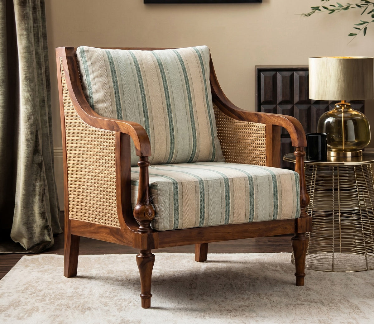Eterna Sheesham Wood Lounge Chair With Premium Upholstery & Cane Detailing (Teak Finish)