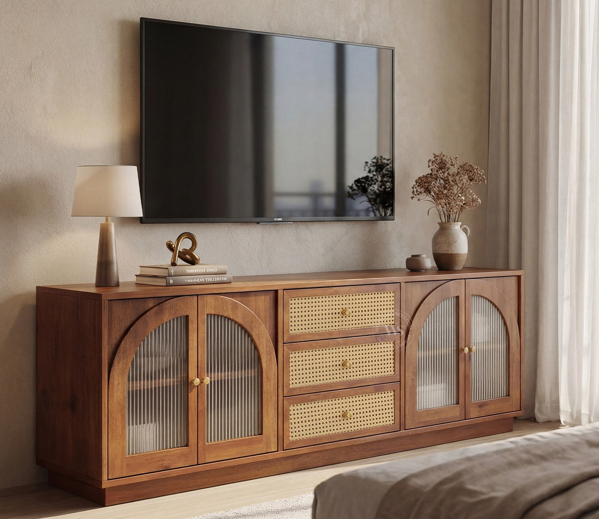Windsor Premium Mango Wood TV Unit with Fluted Glass Panel Door Cabinets, Cane Detailing (Teak Finish)