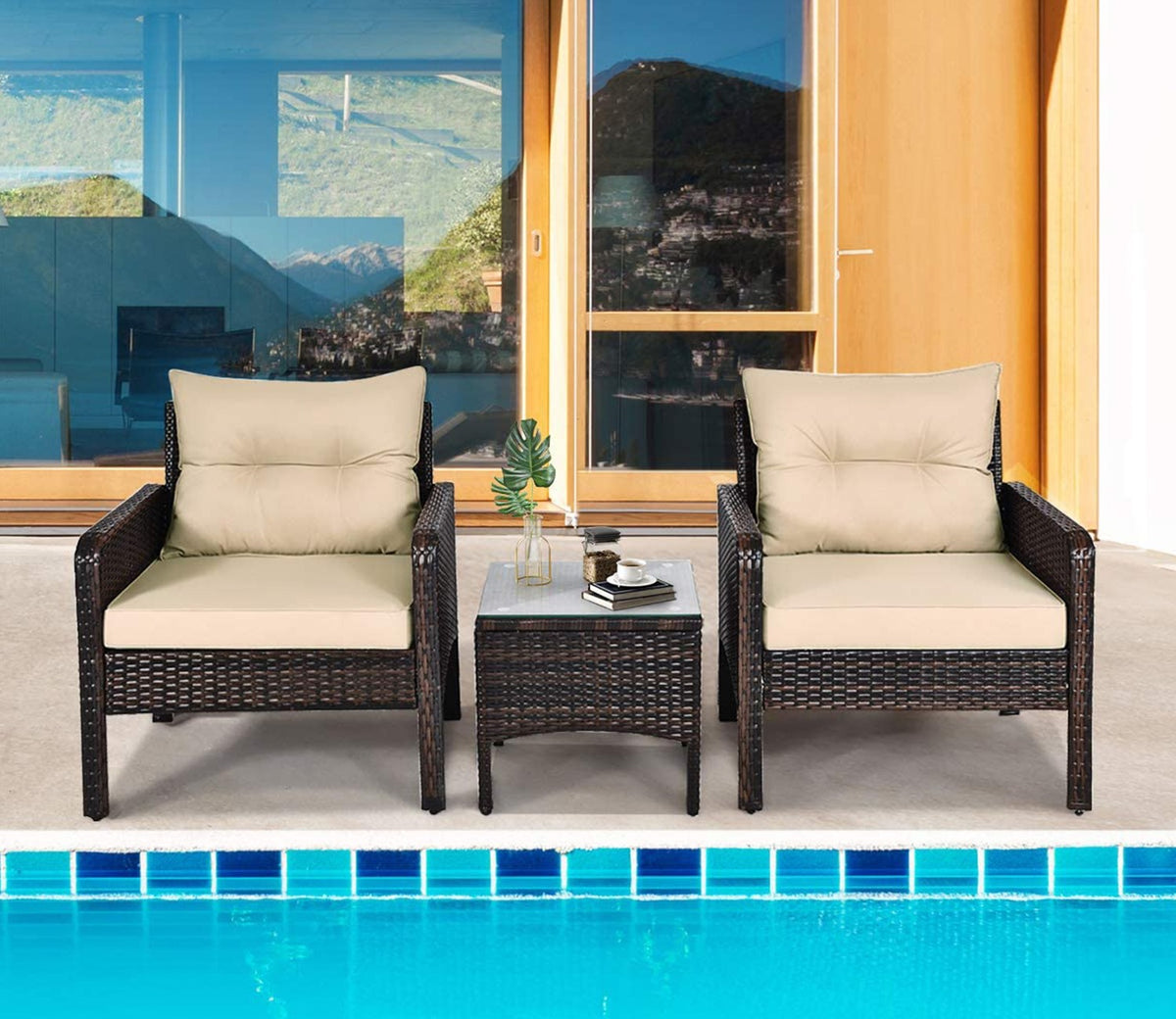 Dark Brown Rattan And Wicker 2 Seater Set With Table Set