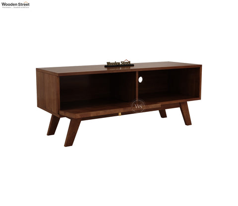 Droid Premium Solid Wood TV Unit With Pull-Down Door Cabinet, Open Shelf & Cane Detailing (Mango Wood, Teak Finish)