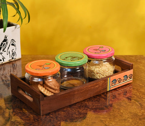 Madhubani Art Handcrafted Wooden Tray With Glass Jars