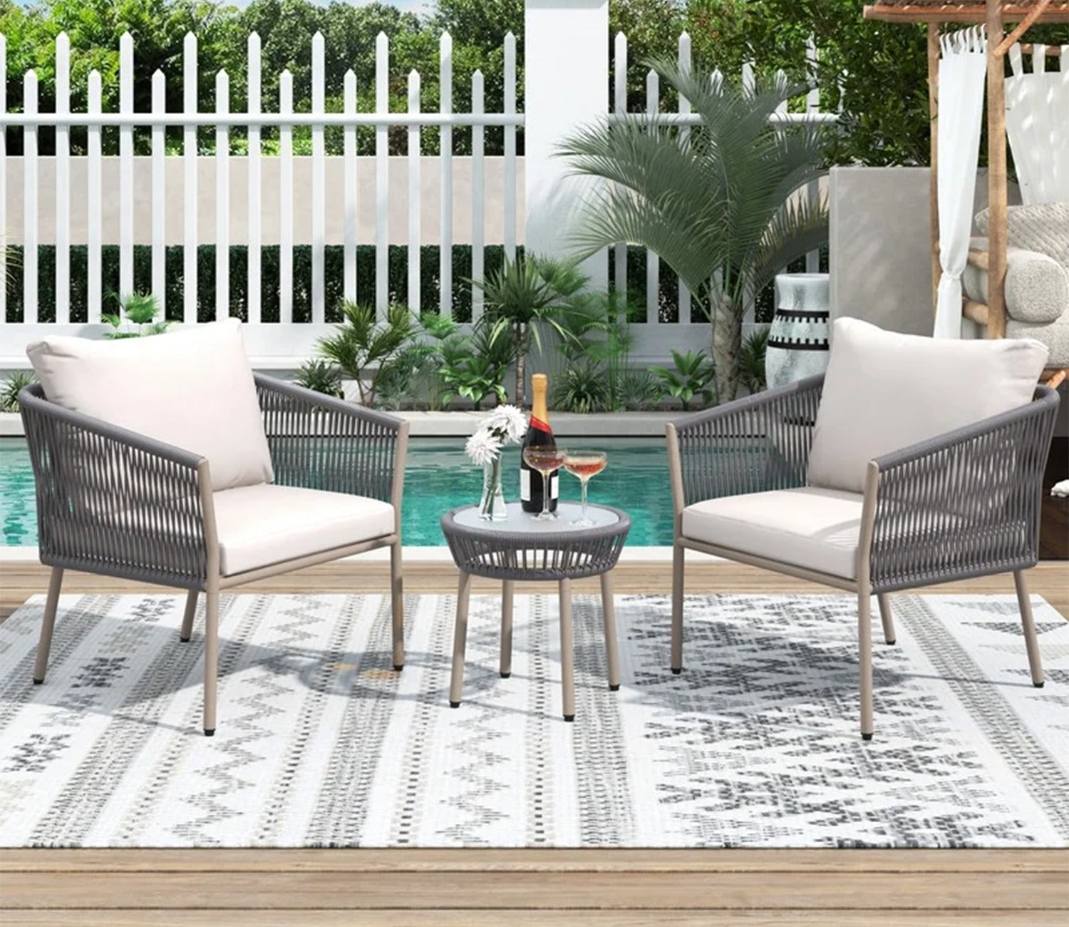 Grey Rope 2 Seater Chair Set And Off White Cushions