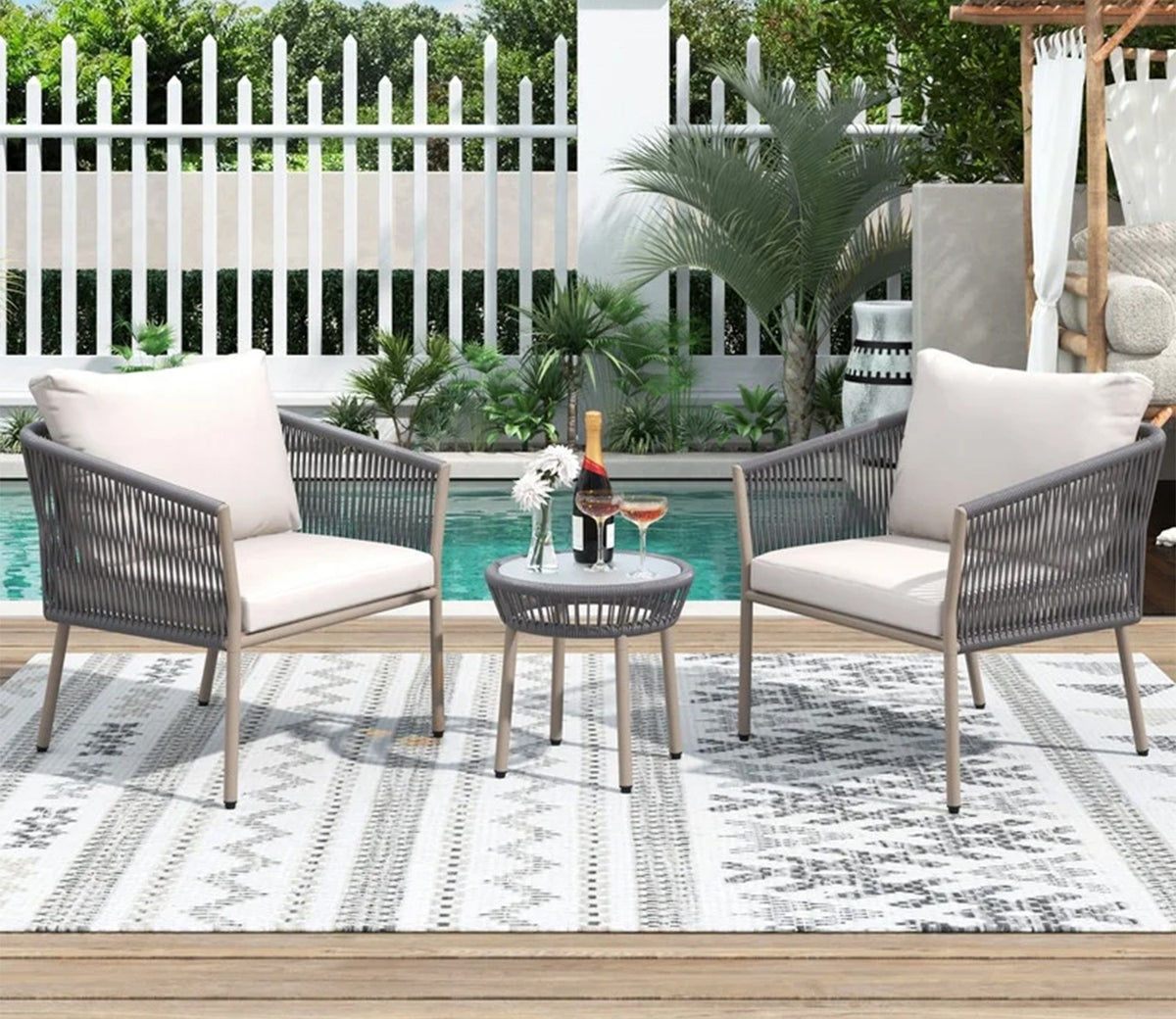 Grey Rope 2 Seater Chair Set And Off White Cushions