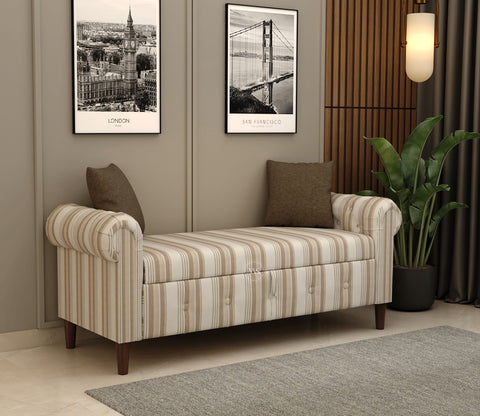 Velo Cushioned Hand Carved Sofa Bench With Hidden Storage (Cream Strip)