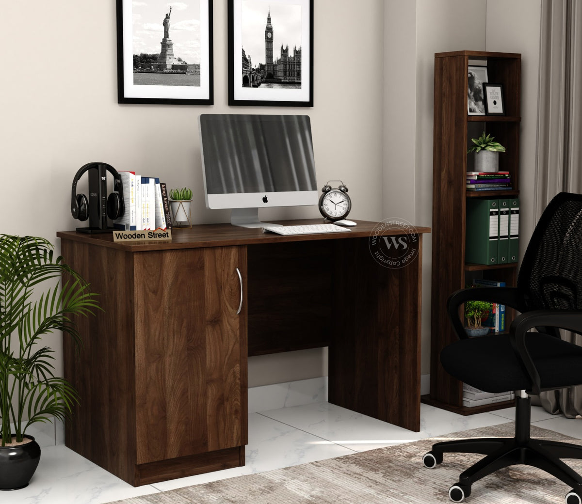 Arc Engineered Wood Study Table With 2 Layer Closed Storage Cabinet (Columbian Walnut Finish)